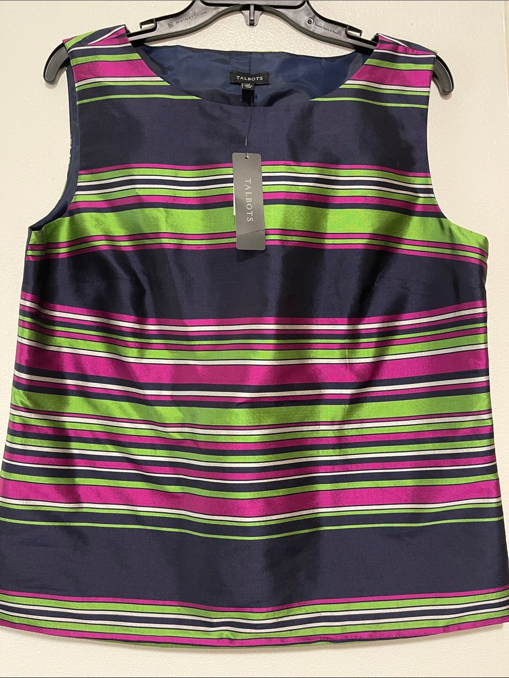 Talbots Sleeveless Striped Silk Top Women’s 12 Navy Pink & Lime New $129